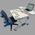 Modern Adjustable Desk Setup With Laptop Blueprints Pens And Ergonomic Chair