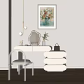 Modern White Dressing Table With Makeup Items Mirror Glass Bottle Transparent Chair And Brown Handbag