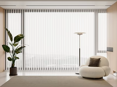 Modern Living Room With White Vertical Blinds Large Potted Plant Cozy Armchair And Floor Lamp 3d model