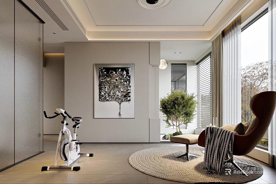 Modern Entertainment Room Interior With Exercise Bike Brown Armchair And Green Plant 3d model 