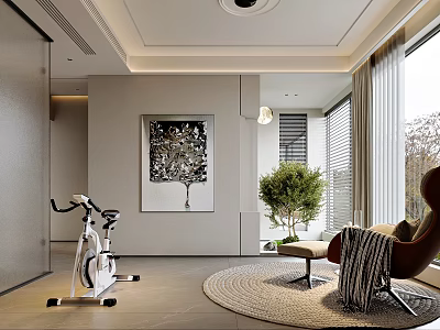 Modern Entertainment Room Interior With Exercise Bike Brown Armchair And Green Plant 3d model