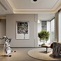 Modern Entertainment Room Interior With Exercise Bike Brown Armchair And Green Plant