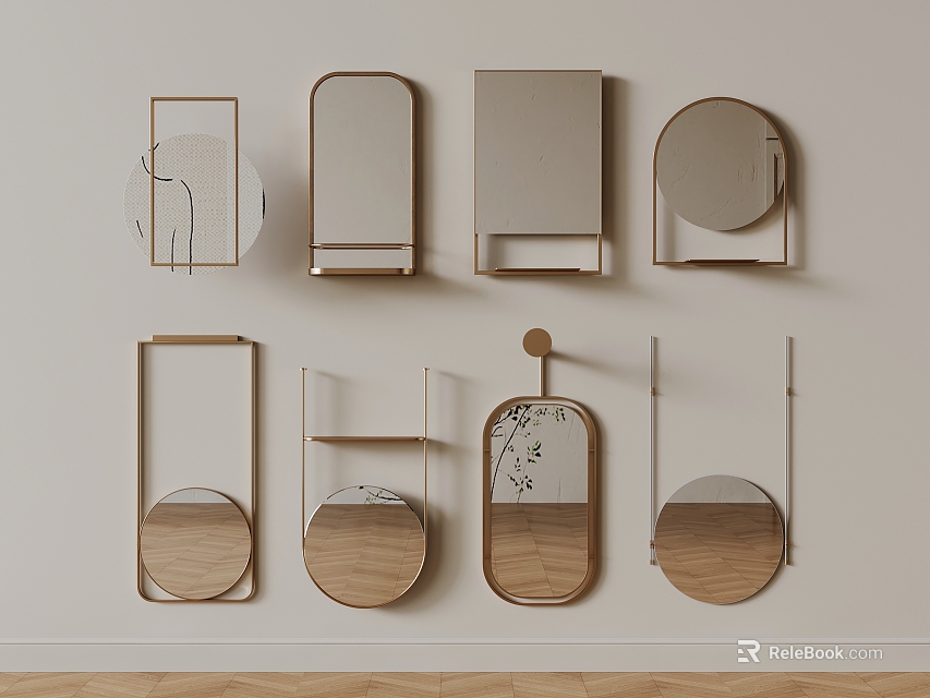 Various Stylish Mirrors With Wooden Frames In Different Shapes Arranged On Light Wall 3d model 