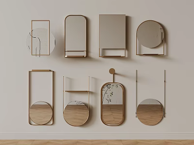 Various Stylish Mirrors With Wooden Frames In Different Shapes Arranged On Light Wall 3d model