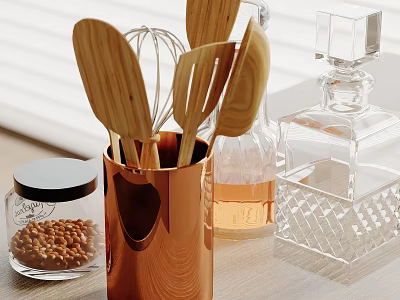 Organized Kitchen Utensil Storage With Copper Container Wooden Spoons Whisk Glass Jars And Clear Containers 3d model