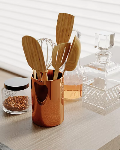 Organized Kitchen Utensil Storage With Copper Container Wooden Spoons Whisk Glass Jars And Clear Containers 3d model