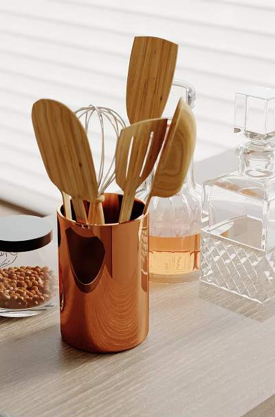 Organized Kitchen Utensil Storage With Copper Container Wooden Spoons Whisk Glass Jars And Clear Containers 3d model
