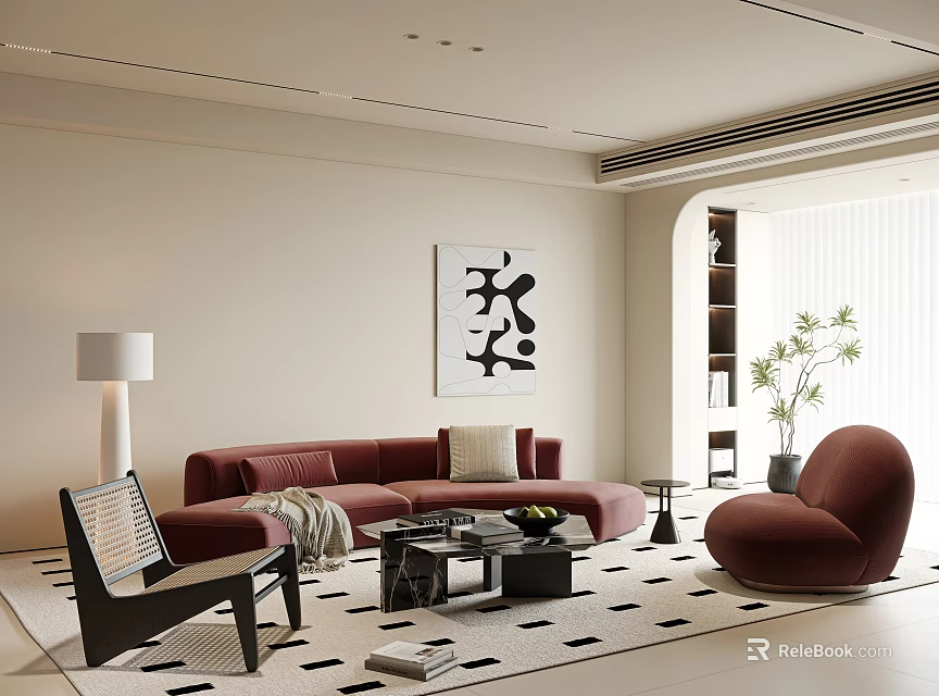 Cozy Modern Minimalist Living Room With Burgundy Sofas And Stylish Lounge Chairs Tasteful Wall Art 3d model 