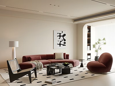 Cozy Modern Minimalist Living Room With Burgundy Sofas And Stylish Lounge Chairs Tasteful Wall Art 3d model