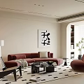 Cozy Modern Minimalist Living Room With Burgundy Sofas And Stylish Lounge Chairs Tasteful Wall Art