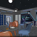 Modern Tech Inspired Leisure Interior With Colorful Chairs Round Tables Large Screens And Neon Lights