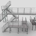 Industrial Metal Stairs with Multiple Connected Platforms Railings and Steel Structure