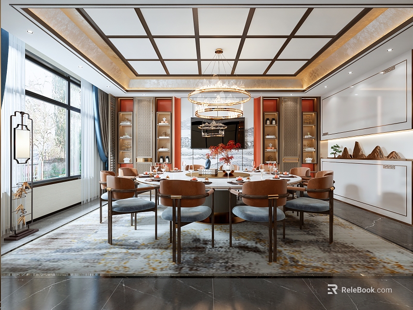 Traditional Chinese Private Dining Room Interior With Round Table Chandelier And Wooden Bookshelves 3d model 