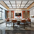 Traditional Chinese Private Dining Room Interior With Round Table Chandelier And Wooden Bookshelves