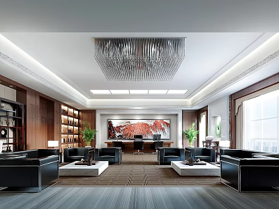 Spacious Modern Office Interior Design With Crystal Chandelier Wooden Bookshelves And Floor To Ceiling Windows 3d model