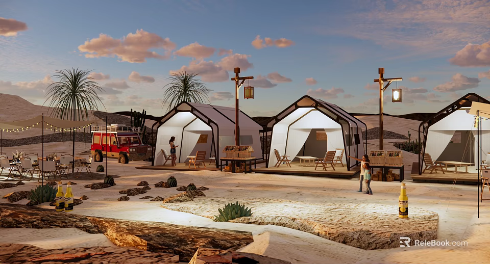 Scenic Desert Campsite With White Tents Palm Trees And Outdoor Lanterns 3d model 