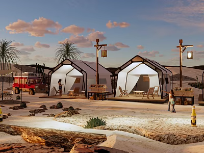 Scenic Desert Campsite With White Tents Palm Trees And Outdoor Lanterns 3d model