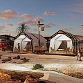 Scenic Desert Campsite With White Tents Palm Trees And Outdoor Lanterns