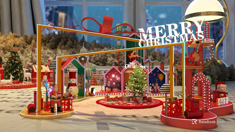 Festive Christmas Scene With Small Houses Christmas Tree And Snowman Decorations 3d model 