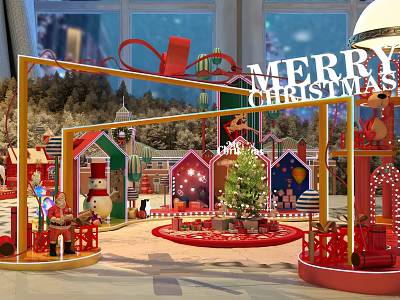 Festive Christmas Scene With Small Houses Christmas Tree And Snowman Decorations 3d model