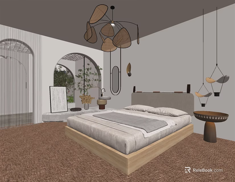 Modern Hotel Room Interior With Wooden Bed Arched Doorway Hanging Chandeliers And Brown Carpet 3d model 