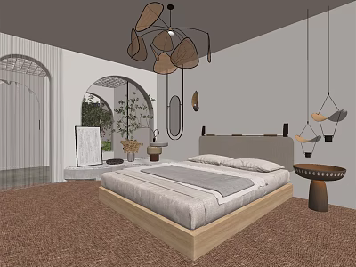 Modern Hotel Room Interior With Wooden Bed Arched Doorway Hanging Chandeliers And Brown Carpet 3d model