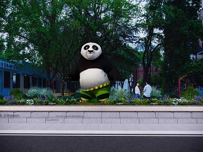 Large Panda Statue In Park With Green Trees And People Walking By 3d model