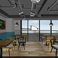 Bright Bubble Tea Shop Interior With Yellow Blue Walls Wooden Tables And Decorations