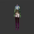 White Sleeveless Top With Black Arm Bands And Purple Black Gradient Pants With Black Boots