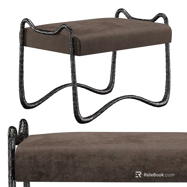 Brown Upholstered Sofa Bench With Black Curved Metal Frame Modern Design Style 3d model 
