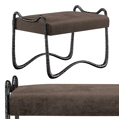 Brown Upholstered Sofa Bench With Black Curved Metal Frame Modern Design Style 3d model