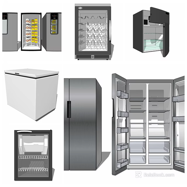 Various Modern Refrigerators and Freezers with Stainless Steel Design and Interior Storage Compartments 3d model 