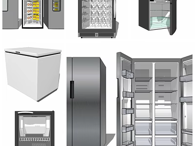 Various Modern Refrigerators and Freezers with Stainless Steel Design and Interior Storage Compartments 3d model