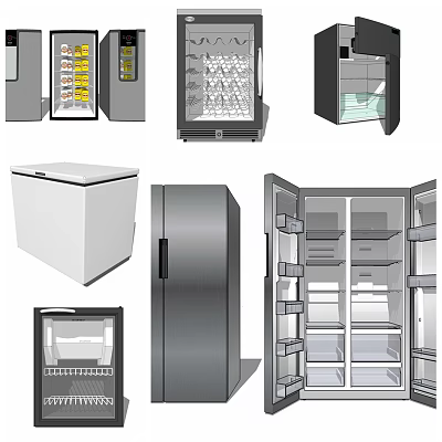 Various Modern Refrigerators and Freezers with Stainless Steel Design and Interior Storage Compartments 3d model
