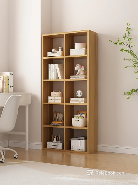 Modern Wooden Bookcase with Books Storage Boxes Unicorn Ornament and Alarm Clock in Study Room 3d model 