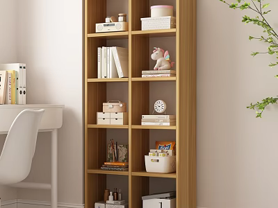 Modern Wooden Bookcase with Books Storage Boxes Unicorn Ornament and Alarm Clock in Study Room 3d model