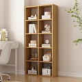Modern Wooden Bookcase with Books Storage Boxes Unicorn Ornament and Alarm Clock in Study Room