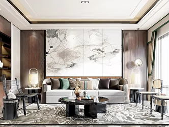 New Chinese Style Living Room Sofa Chair Coffee Table Corner Bookcase 3d model