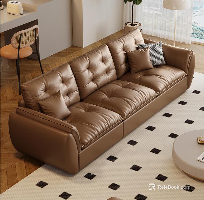 Tufted Brown Leather Three Seater Sofa With Pillows On Wooden Floor And Rug 3d model 