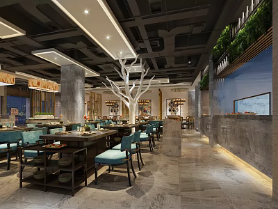 Modern Restaurant Interior With Dining Tables Chairs Tree Like Decoration Green Plants And Marble Flooring 3d model