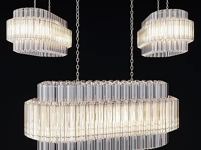 Layered Modern Chandeliers With Transparent Cylindrical Glass Tubes Brightly Illuminated Against Black Background 3d model