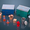 Various Construction Equipment Including Containers Cardboard Boxes Traffic Cones Fire Hydrant And Trash Cans 3d model