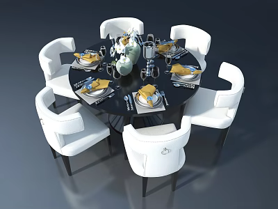 Hinged Door Design In Modern Dining Room With Round Table White Chairs Tableware 3d model
