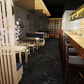 Traditional Japanese Restaurant Interior With Sushi Bar Seating Area And Decorative Elements