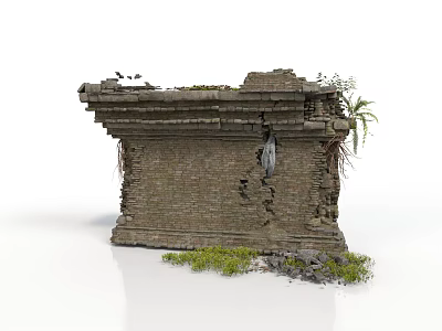 Ancient Partially Collapsed Brick Wall Structure With Naturally Growing Plants And Weeds 3d model