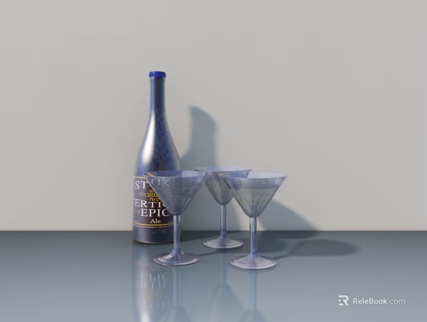 Silver Selected Dry Gin Bottle With Blue Cap And Clear Martini Glasses On Reflective Table 3d model 