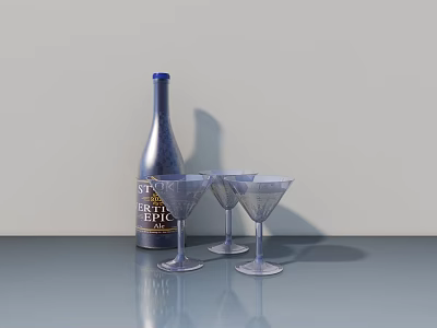 Silver Selected Dry Gin Bottle With Blue Cap And Clear Martini Glasses On Reflective Table 3d model
