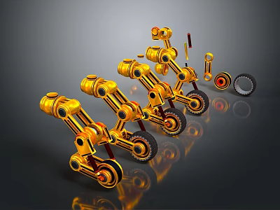 Golden Robotic Arms With Multiple Joints And Wheels Arranged On Dark Background With Reflections 3d model