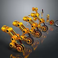 Golden Robotic Arms With Multiple Joints And Wheels Arranged On Dark Background With Reflections