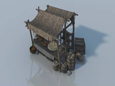 Traditional Wooden Food Stall With Swing Door And Thatched Roof Elements 3d model